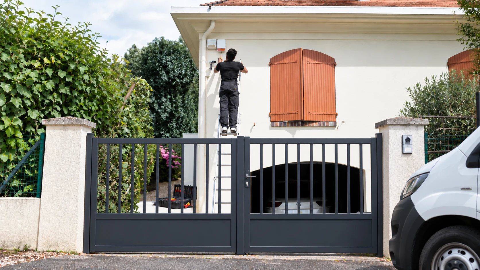 Portail neuf chez un client, Paul en intervention sur la façade et utilitaire blanc à droite.
